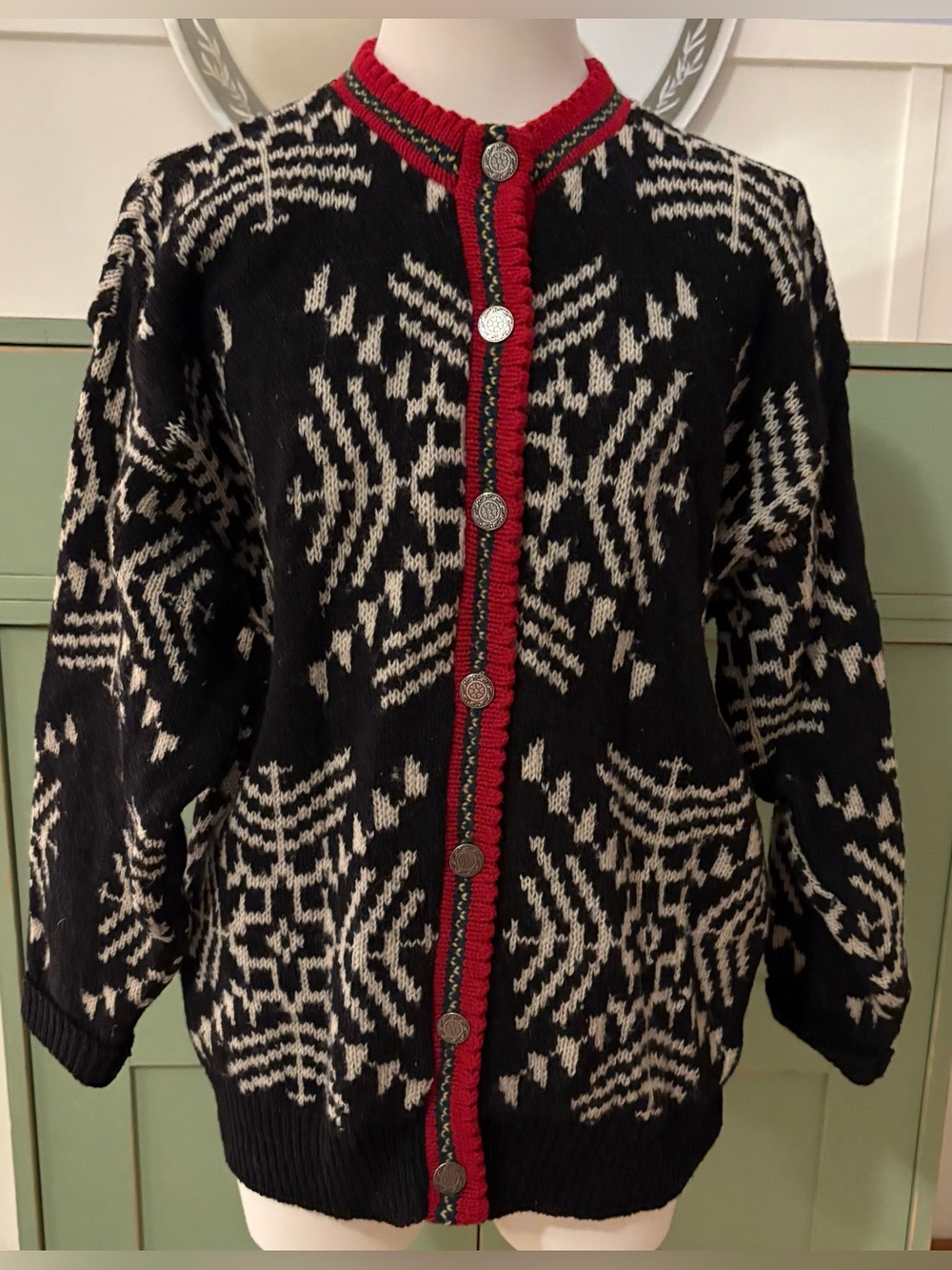Cambridge Vintage Black & Cream Wool Snowflake Pattern Cardigan w Red Trim M